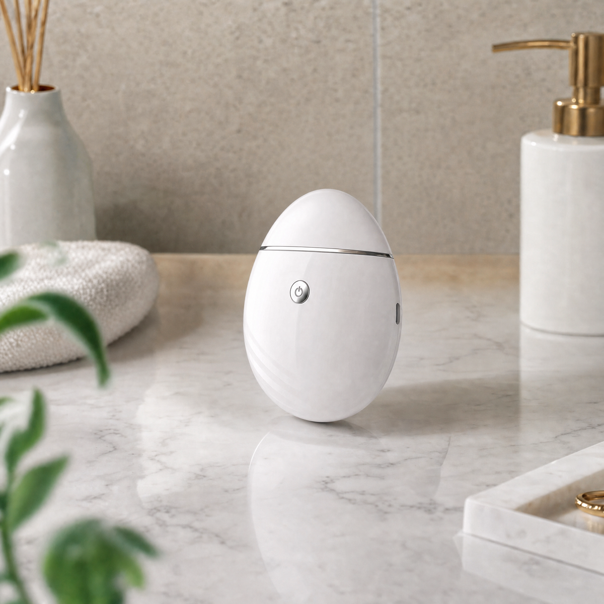 PlumpGlow Electric Lip Plumper in gloss white standing on a marble bathroom counter